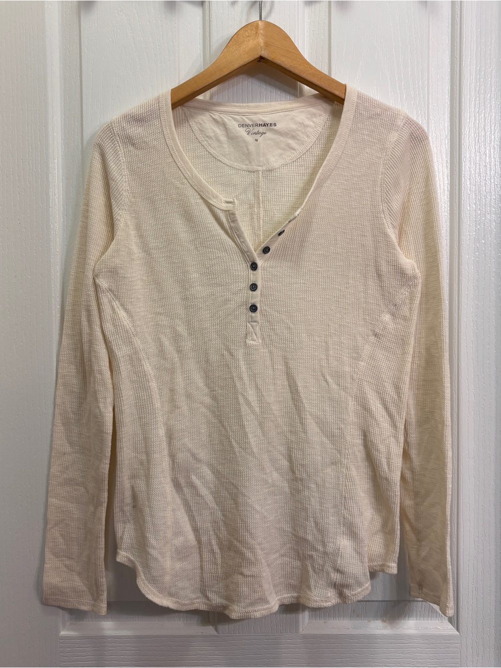 Denver Hayes Cream Waffle-Knit Henley Long Sleeve Top